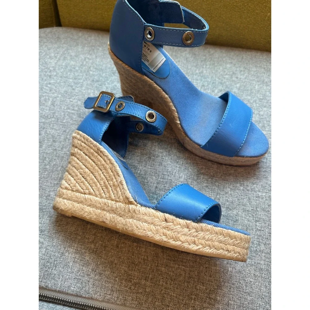 Escales Paris Blue Leather Espadrille Wedge Sandals Limited Edition 001/380 6